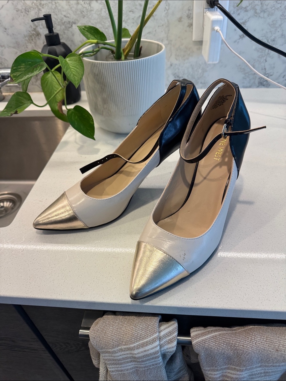 Pointed Toe Ankle-Strap Women's Heels in Ivory and Metallic Silver